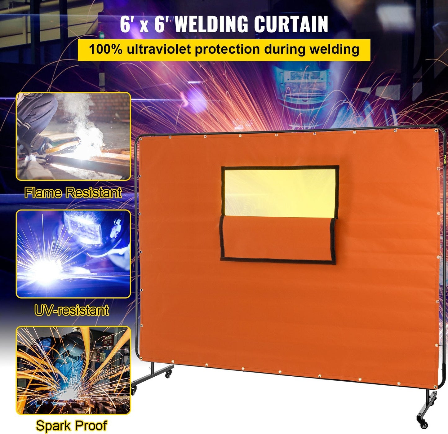 Yellow Welding Screen with Casters, 1.83m x 2.44m, Flameproof Fiberglass