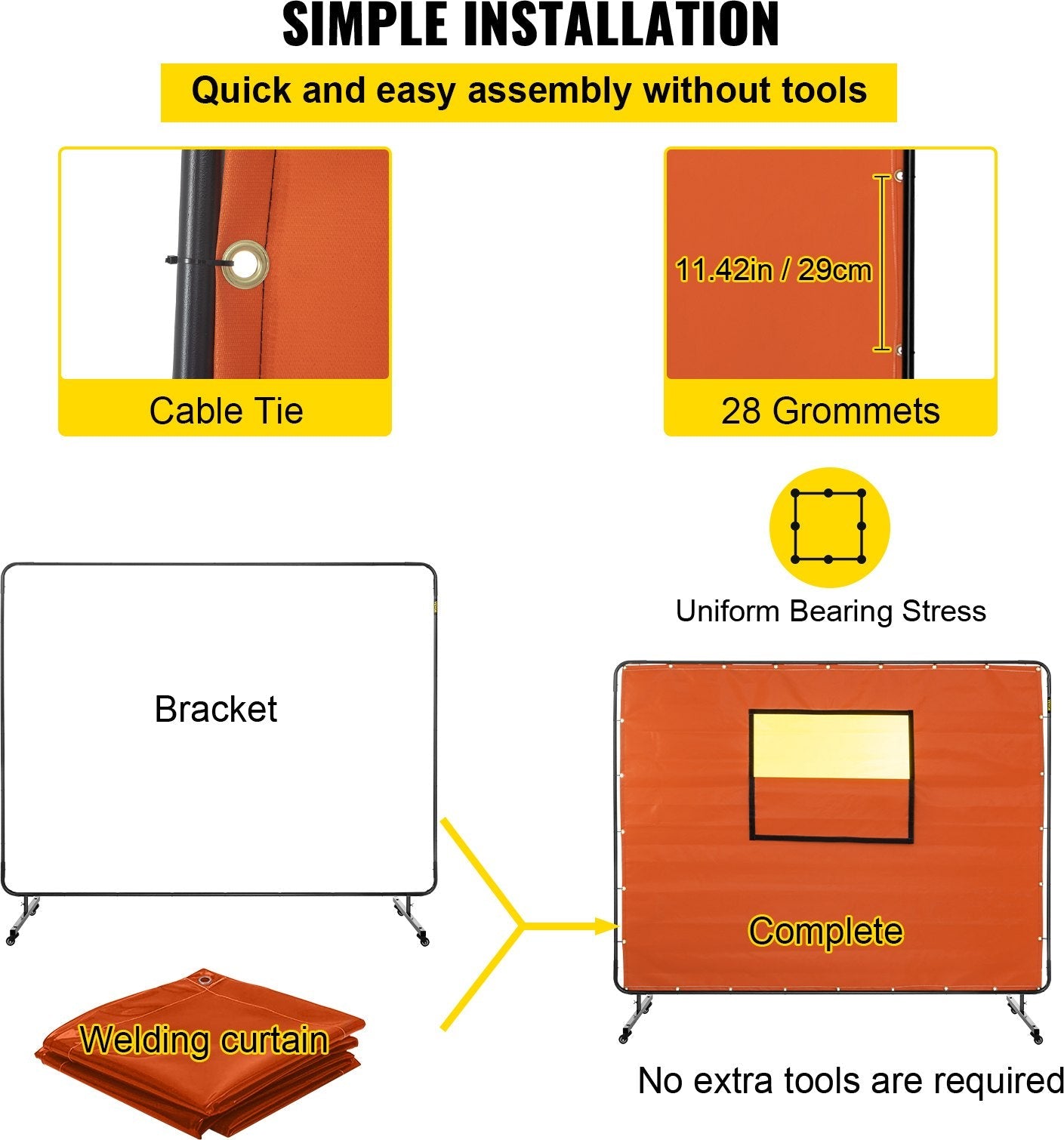 Yellow Welding Screen with Casters, 1.83m x 2.44m, Flameproof Fiberglass