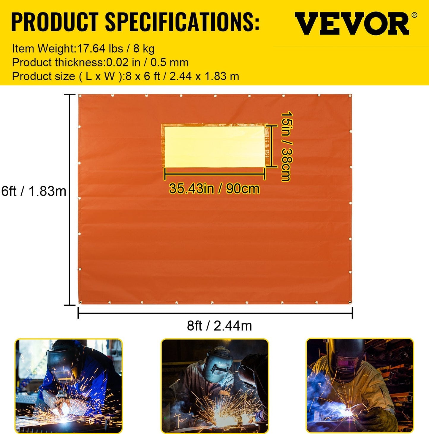 Yellow Welding Screen with Casters, 1.83m x 2.44m, Flameproof Fiberglass