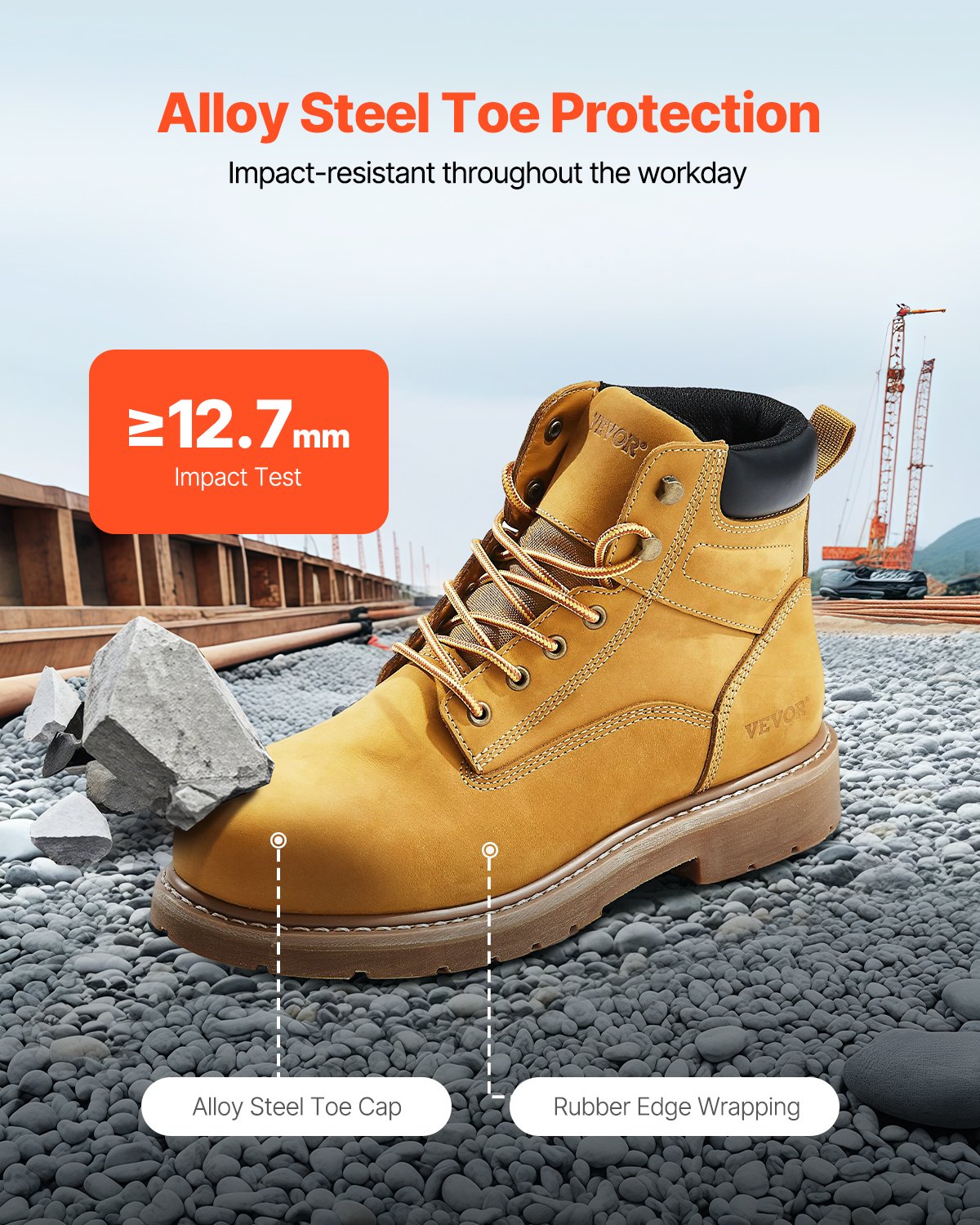 Steel Toe Work Boots, UK Size 9.5, Waterproof Work Boots for Men, Slip-Resistant Work Boot, Lightweight and Breathable Rubber Sole Mens Boots for Industry Construction, Brown Yellow