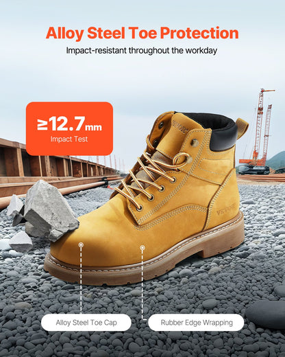 Steel Toe Work Boots, UK Size 9.5, Waterproof Work Boots for Men, Slip-Resistant Work Boot, Lightweight and Breathable Rubber Sole Mens Boots for Industry Construction, Brown Yellow