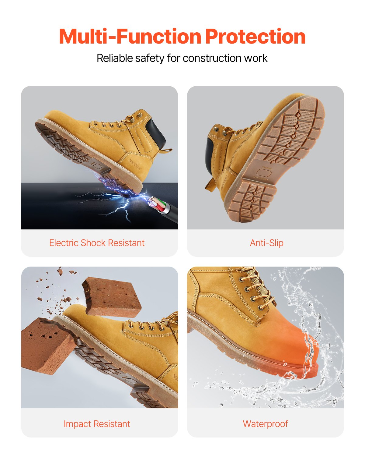 Steel Toe Work Boots, UK Size 9.5, Waterproof Work Boots for Men, Slip-Resistant Work Boot, Lightweight and Breathable Rubber Sole Mens Boots for Industry Construction, Brown Yellow