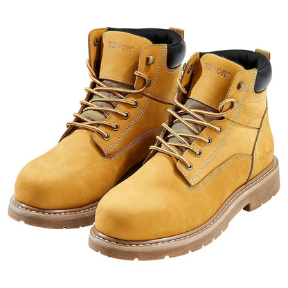 Steel Toe Work Boots, UK Size 7.5, Waterproof Work Boots for Men, Slip-Resistant Work Boot, Lightweight and Breathable Rubber Sole Mens Boots for Industry Construction, Brown Yellow
