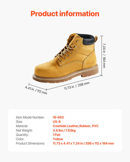 Steel Toe Work Boots, UK Size 7, Waterproof Work Boots for Men, Slip-Resistant Work Boot, Lightweight and Breathable Rubber Sole Mens Boots for Industry Construction, Brown Yellow