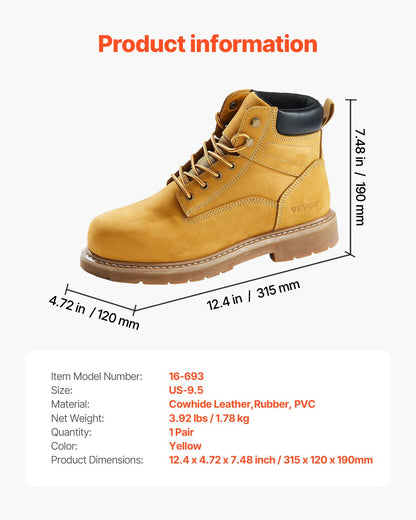 Steel Toe Work Boots, UK Size 8.5, Waterproof Work Boots for Men, Slip-Resistant Work Boot, Lightweight and Breathable Rubber Sole Mens Boots for Industry Construction, Brown Yellow