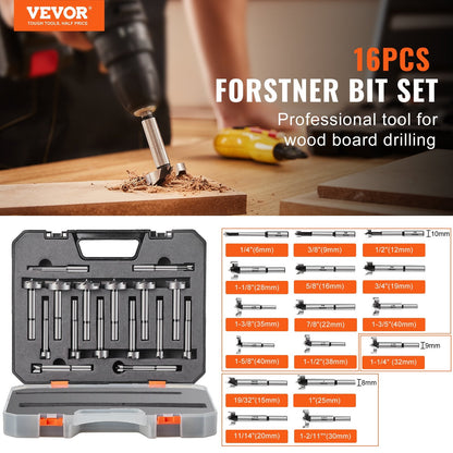 16-Piece Forstner Drill Bit Set, Carbon Steel, 0.006 to 0.042 m, for Woodworking