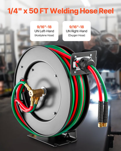 Retractable Welding Hose Reel 1/4 in x 50FT Oxygen Acetylene Rubber Hose T Grade