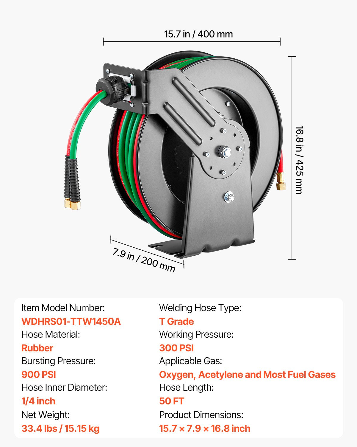 Retractable Welding Hose Reel 1/4 in x 50FT Oxygen Acetylene Rubber Hose T Grade