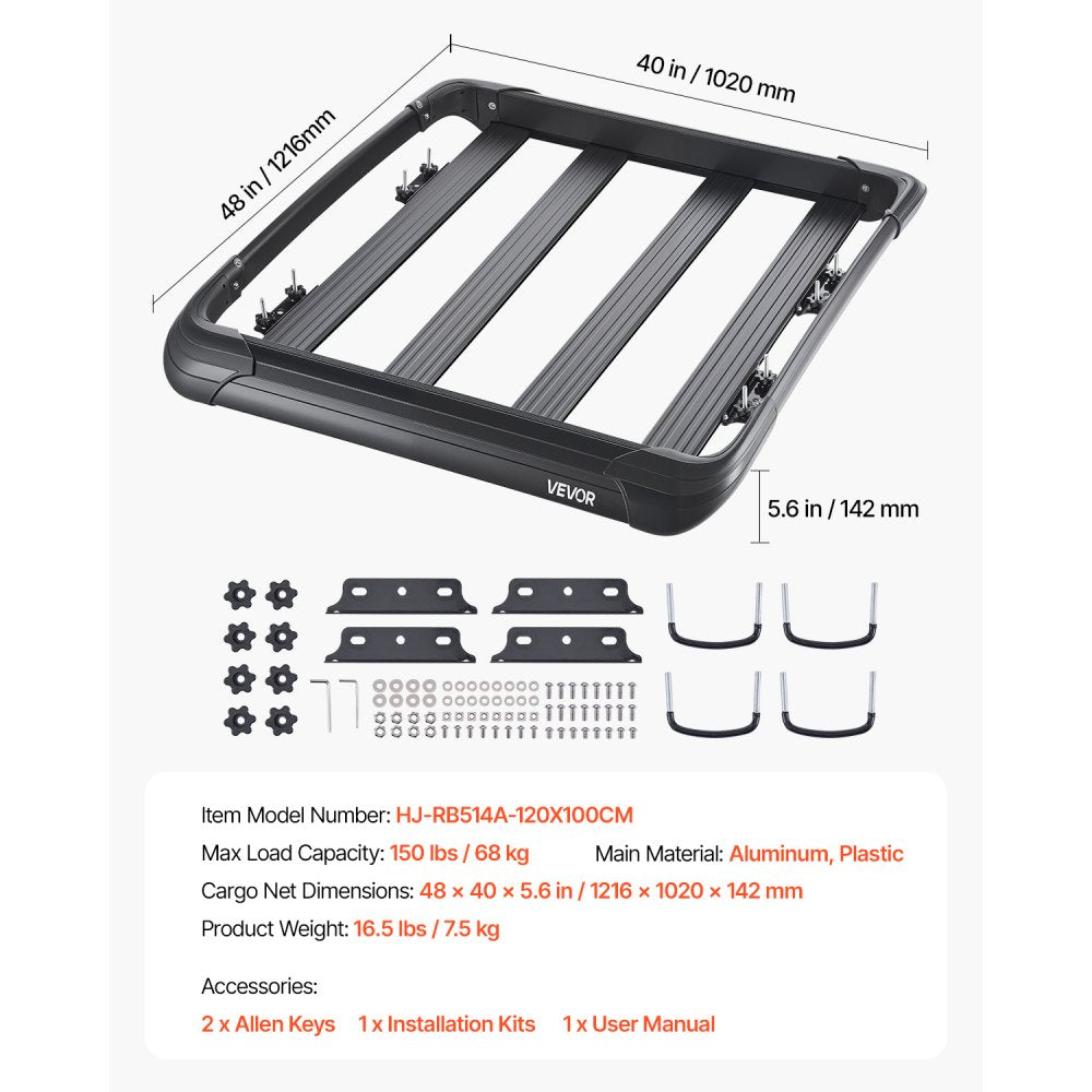 VEVOR Roof Rack Cargo Carrier Basket 1216x1020x142 mm Car Top Luggage Holder