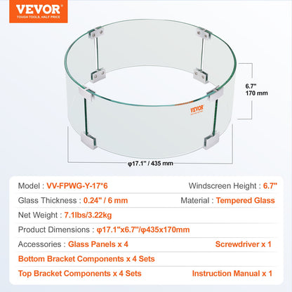 VEVOR Fire Pit Wind Guard, 435 x 170 mm Round Glass Flame Shield, 6mm Thick Fire