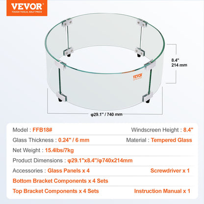 VEVOR Fire Pit Wind Guard, 740 x 214mm Round Glass Flame Shield, 6mm Thick Fire
