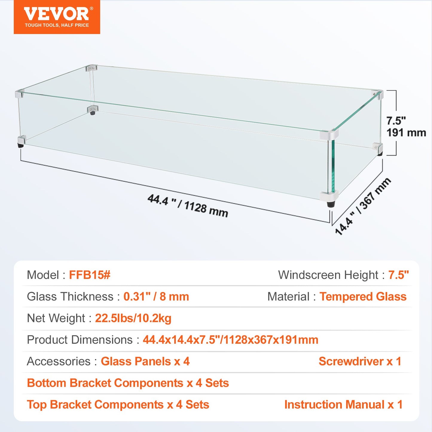 VEVOR Glass Wind Guard for Rectangular Fire Pit Table 1128 x 367 x 191 mm, 8mm Thick