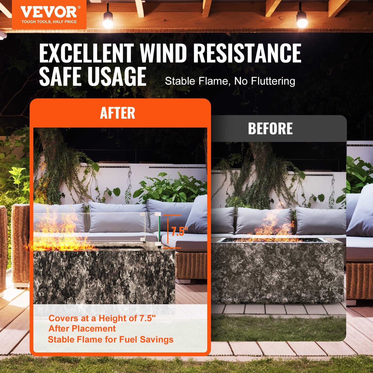 VEVOR Glass Wind Guard for Rectangular Fire Pit Table 924 x 417 x 191 mm, 8mm Thick