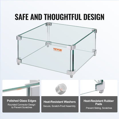 VEVOR Gas Fire Pit Wind Guard for Square Fire Table, 380 x 380 x 180 mm Clear Tempered