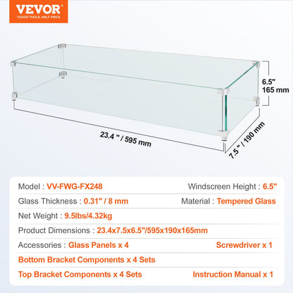 VEVOR Gas Fire Pit Wind Guard for Square Fire Table, 595 x 190 x 165 mm Clear Tempered
