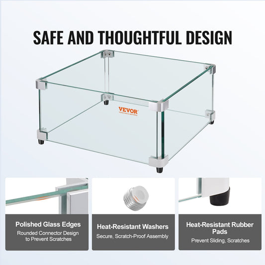 Square Glass Wind Guard for Fire Table, 0.54 x 0.54 x 0.19 m, Tempered Glass