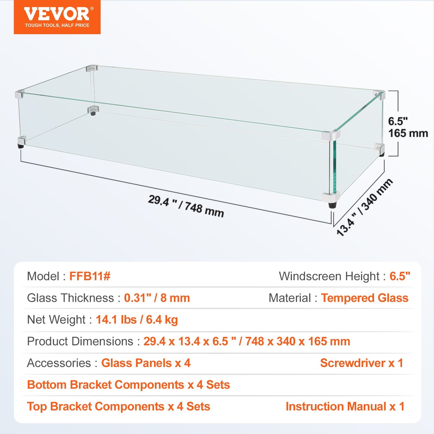 VEVOR Glass Wind Guard for Rectangular Fire Pit Table 748 x 340 x 165 mm, 8mm Thick