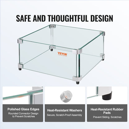 VEVOR Gas Fire Pit Wind Guard for Square Fire Table, 493 x 493 x 191 mm Clear Tempered
