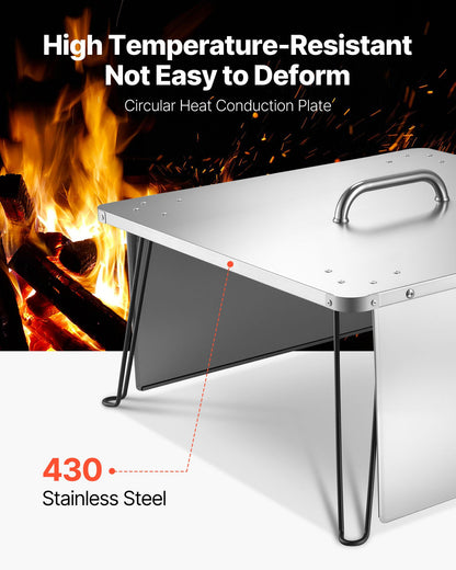 Fire Pit Heat Deflector, 645x645x370 mm Square Outdoor Burner Cover, Stainless Steel Bonfire Camping Wood Burning, Push Heat Down and Out with 4 Foldable Legs & Carrying Handle