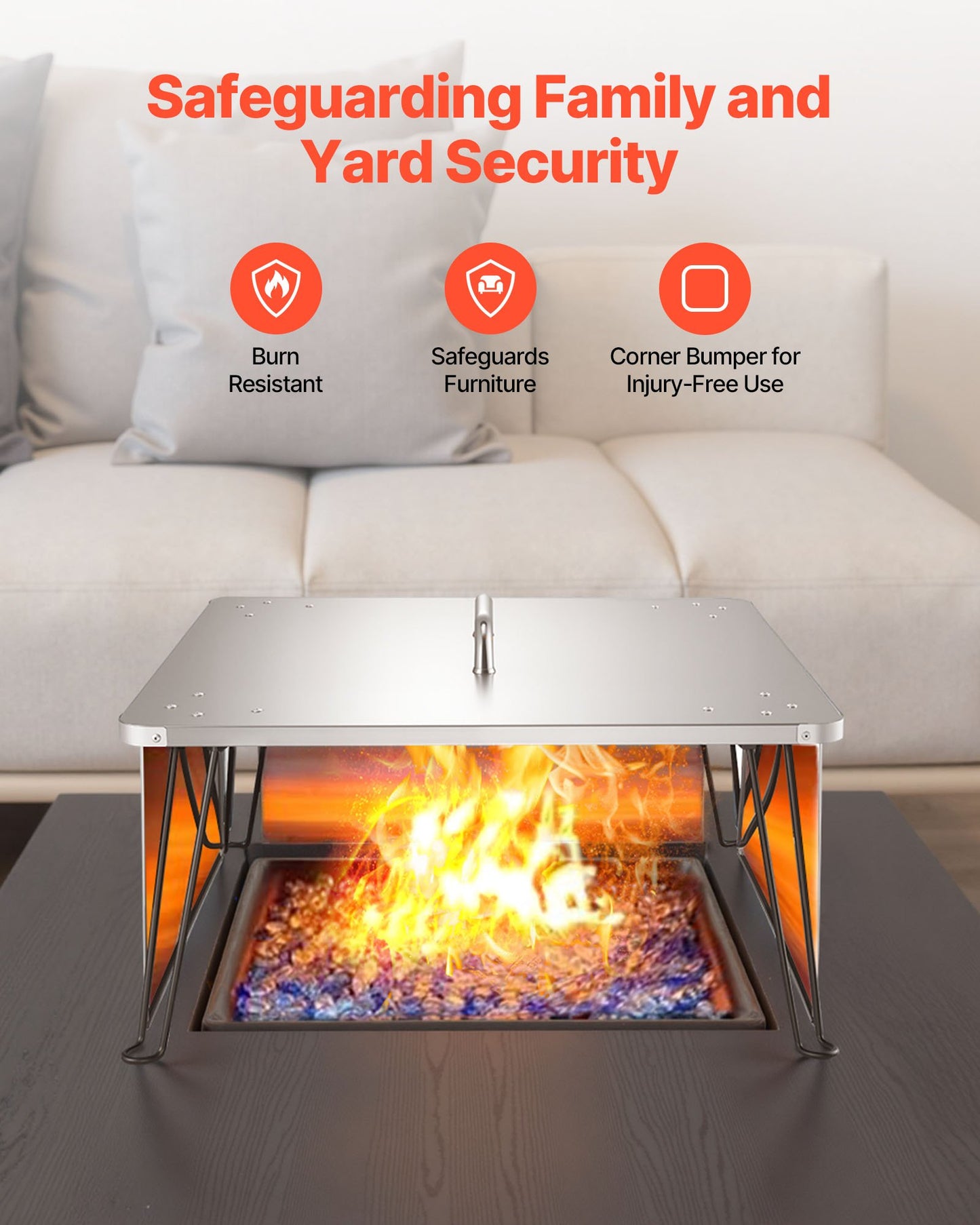 Fire Pit Heat Deflector, 645x645x370 mm Square Outdoor Burner Cover, Stainless Steel Bonfire Camping Wood Burning, Push Heat Down and Out with 4 Foldable Legs & Carrying Handle