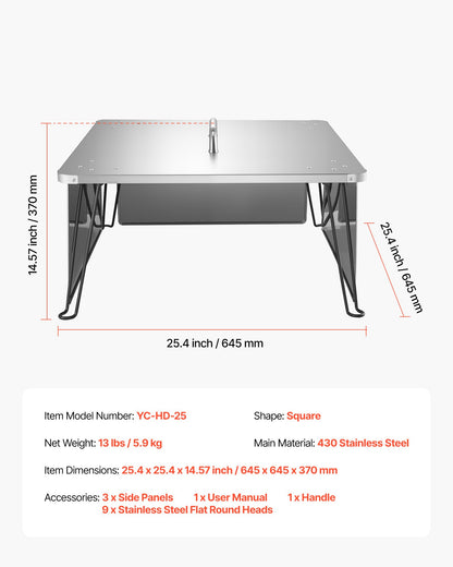 Fire Pit Heat Deflector, 645x645x370 mm Square Outdoor Burner Cover, Stainless Steel Bonfire Camping Wood Burning, Push Heat Down and Out with 4 Foldable Legs & Carrying Handle