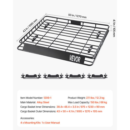 Roof Rack Cargo Carrier Basket 1095x1270x105 mm Car Top Luggage Holder