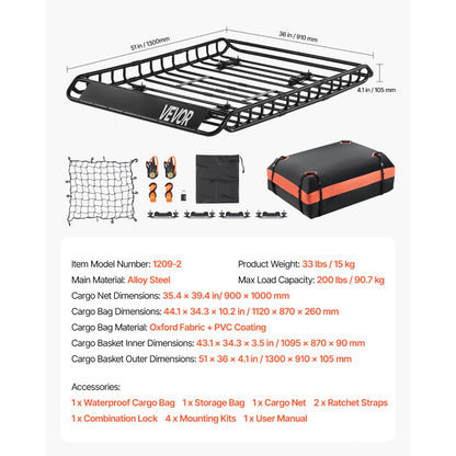 Roof Rack Cargo Carrier Basket 1300x910x105 mm Car Top Luggage Holder Bag