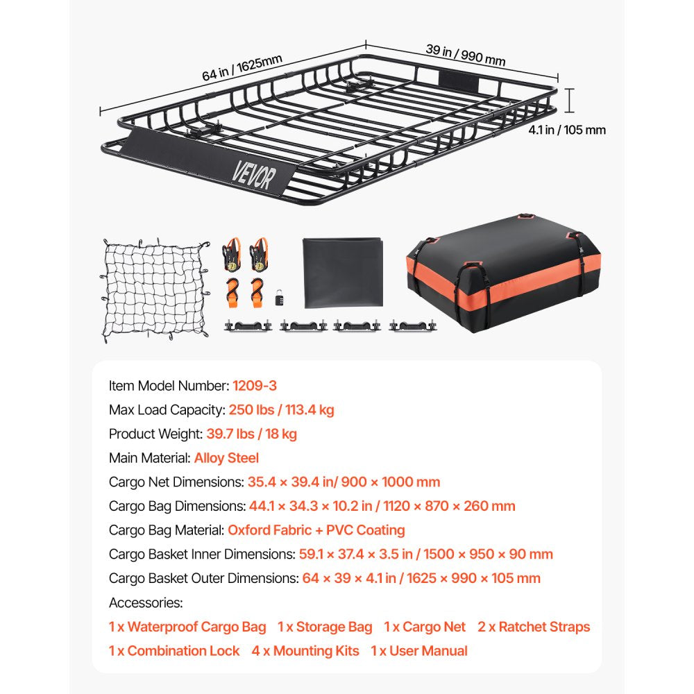 Roof Rack Cargo Carrier Basket 1625x990x105 mm Car Top Luggage Holder Bag