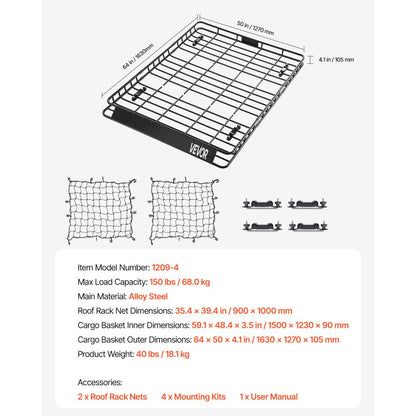 VEVOR Roof Rack Cargo Carrier Basket 1630x1270x105 mm Car Top Luggage Holder Net