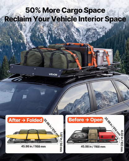 Roof Rack Cargo Basket, 1168 x 914 x 102 mm, Heavy Duty Roof Top Carrier Basket with Folding Design, 90.72 kg Capacity, All-Weather Easy-Install Car Top Luggage Holder, Universal for SUV Truck
