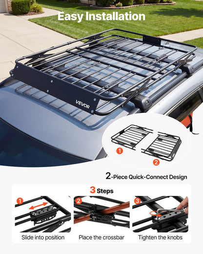 Roof Rack Cargo Basket, 1168 x 914 x 102 mm, Heavy Duty Roof Top Carrier Basket with Folding Design, 90.72 kg Capacity, All-Weather Easy-Install Car Top Luggage Holder, Universal for SUV Truck