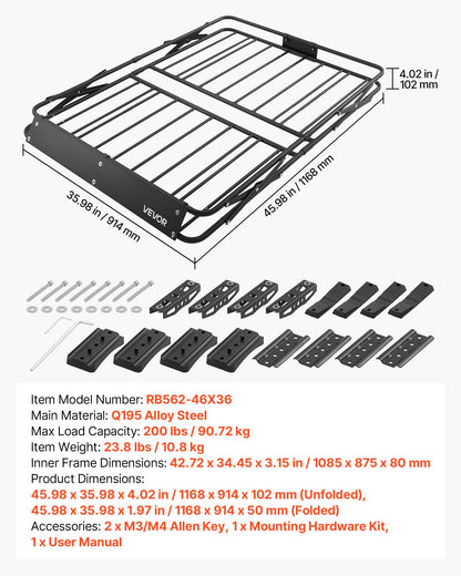 Roof Rack Cargo Basket, 1168 x 914 x 102 mm, Heavy Duty Roof Top Carrier Basket with Folding Design, 90.72 kg Capacity, All-Weather Easy-Install Car Top Luggage Holder, Universal for SUV Truck