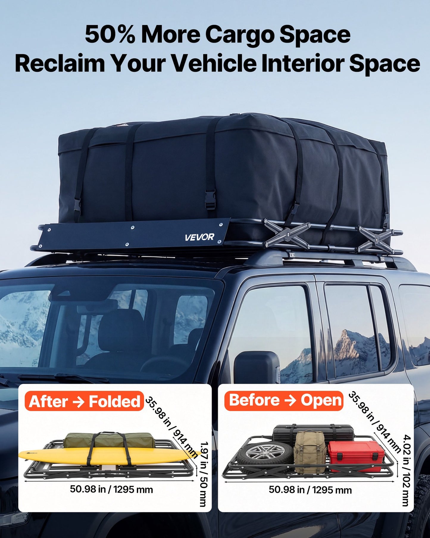 Roof Rack Cargo Basket, 1295 x 914 x 102 mm, Heavy Duty Roof Top Carrier Basket with Folding Design, 90.72 kg Capacity, All-Weather Easy-Install Car Top Luggage Holder, Universal for SUV Truck