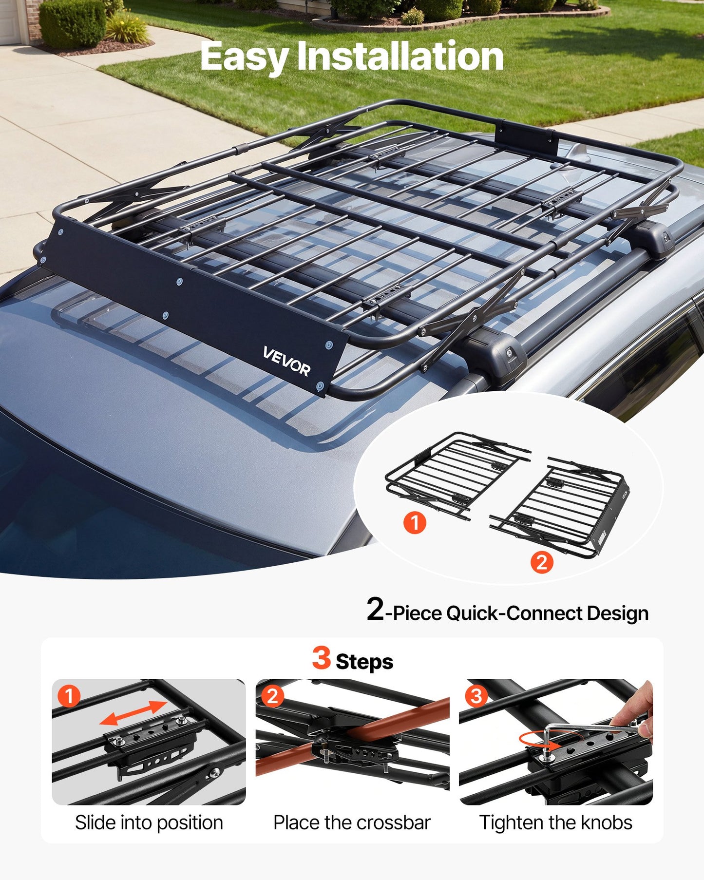 Roof Rack Cargo Basket, 1295 x 914 x 102 mm, Heavy Duty Roof Top Carrier Basket with Folding Design, 90.72 kg Capacity, All-Weather Easy-Install Car Top Luggage Holder, Universal for SUV Truck