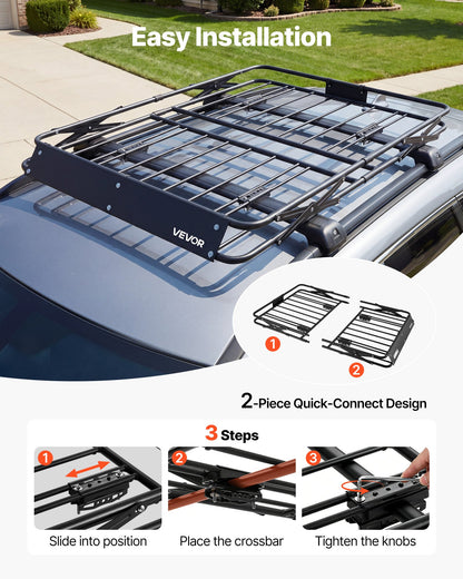 Roof Rack Cargo Basket, 1295 x 914 x 102 mm, Heavy Duty Roof Top Carrier Basket with Folding Design, 90.72 kg Capacity, All-Weather Easy-Install Car Top Luggage Holder, Universal for SUV Truck