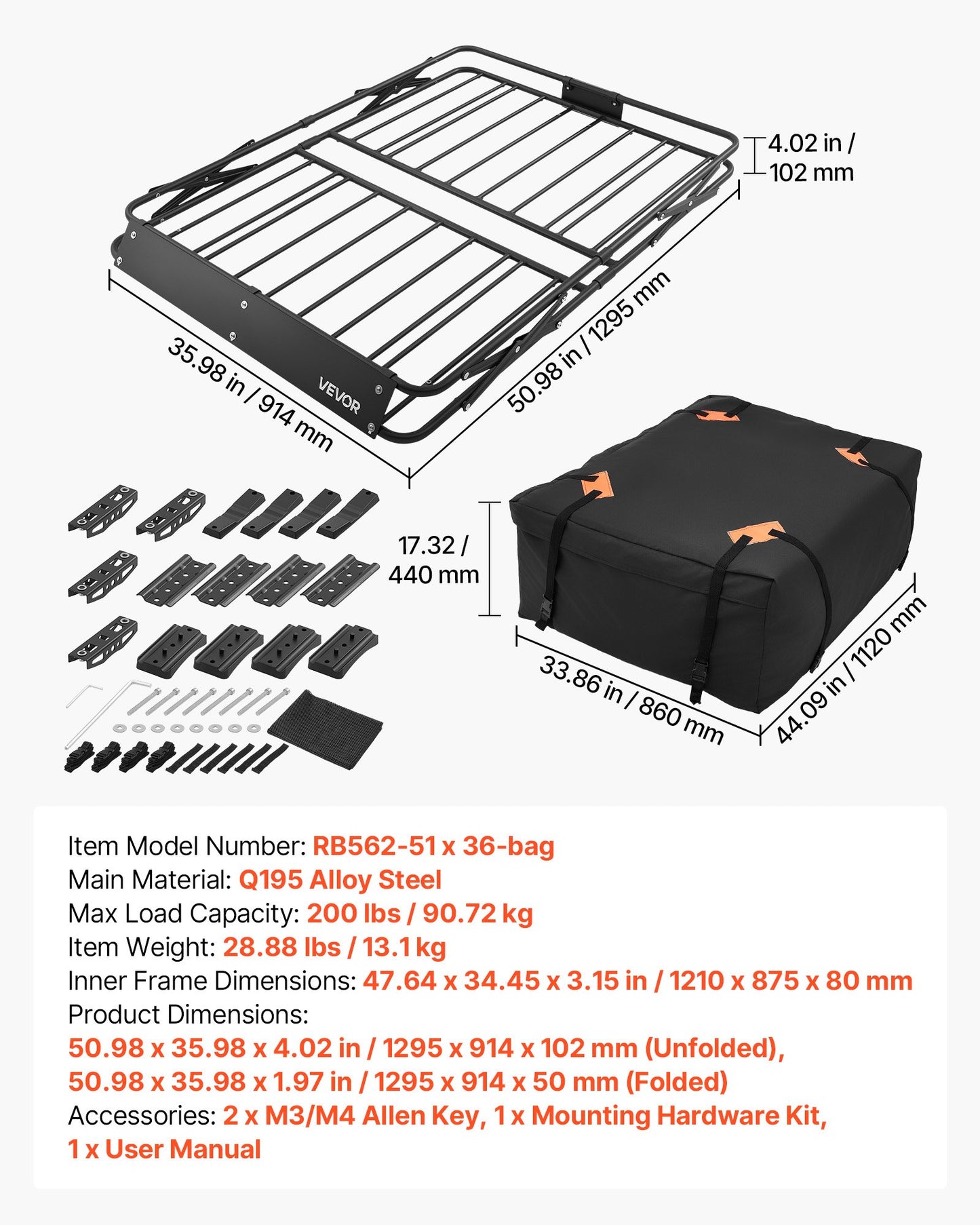 Roof Rack Cargo Basket, 1295 x 914 x 102 mm, Heavy Duty Roof Top Carrier Basket with Folding Design, 90.72 kg Capacity, All-Weather Easy-Install Car Top Luggage Holder, Universal for SUV Truck