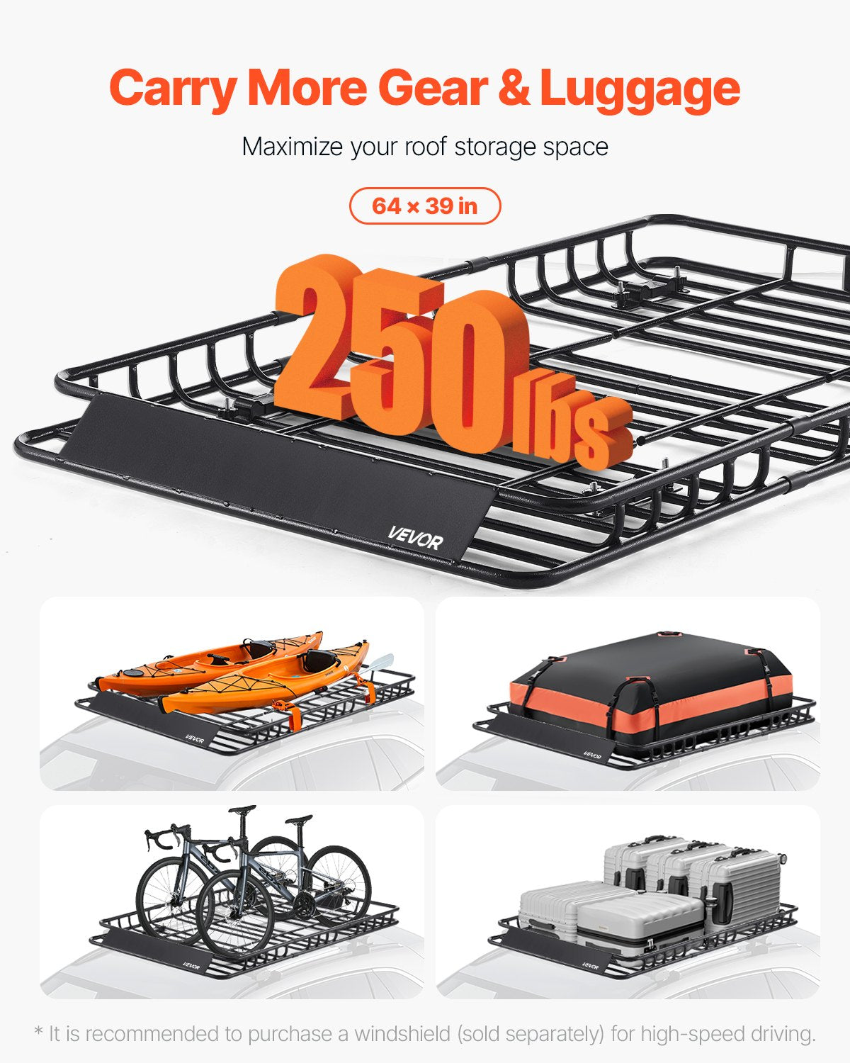 Roof Rack Basket, 1625 x 990 x 105 mm, Universal Rooftop Cargo Carrier with 1120 x 870 x 260 mm Cargo Bag, Net, Ratchet Straps, 113.4 kg Max Load Capacity Car Top Luggage Holder, for SUV Car