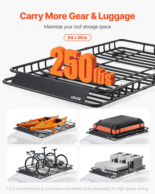 Roof Rack Basket, 1625 x 990 x 105 mm, Universal Rooftop Cargo Carrier with 1120 x 870 x 260 mm Cargo Bag, Net, Ratchet Straps, 113.4 kg Max Load Capacity Car Top Luggage Holder, for SUV Car