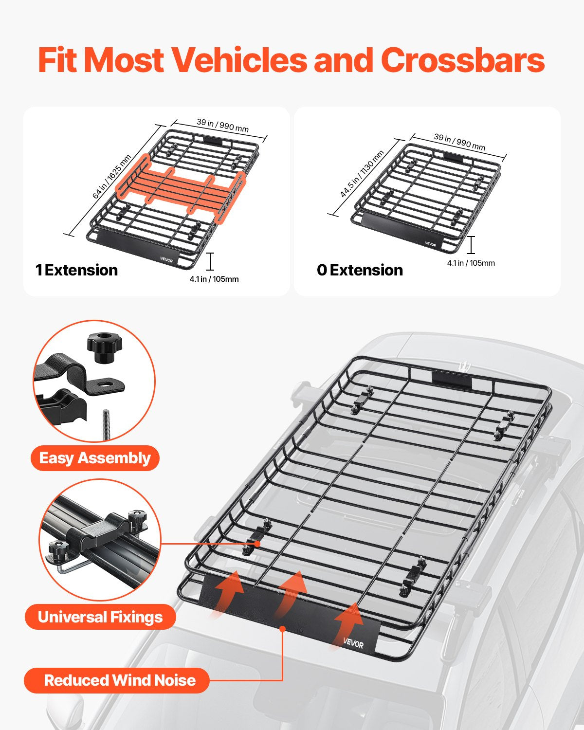 Roof Rack Basket, 1625 x 990 x 105 mm, Universal Rooftop Cargo Carrier with 1120 x 870 x 260 mm Cargo Bag, Net, Ratchet Straps, 113.4 kg Max Load Capacity Car Top Luggage Holder, for SUV Car