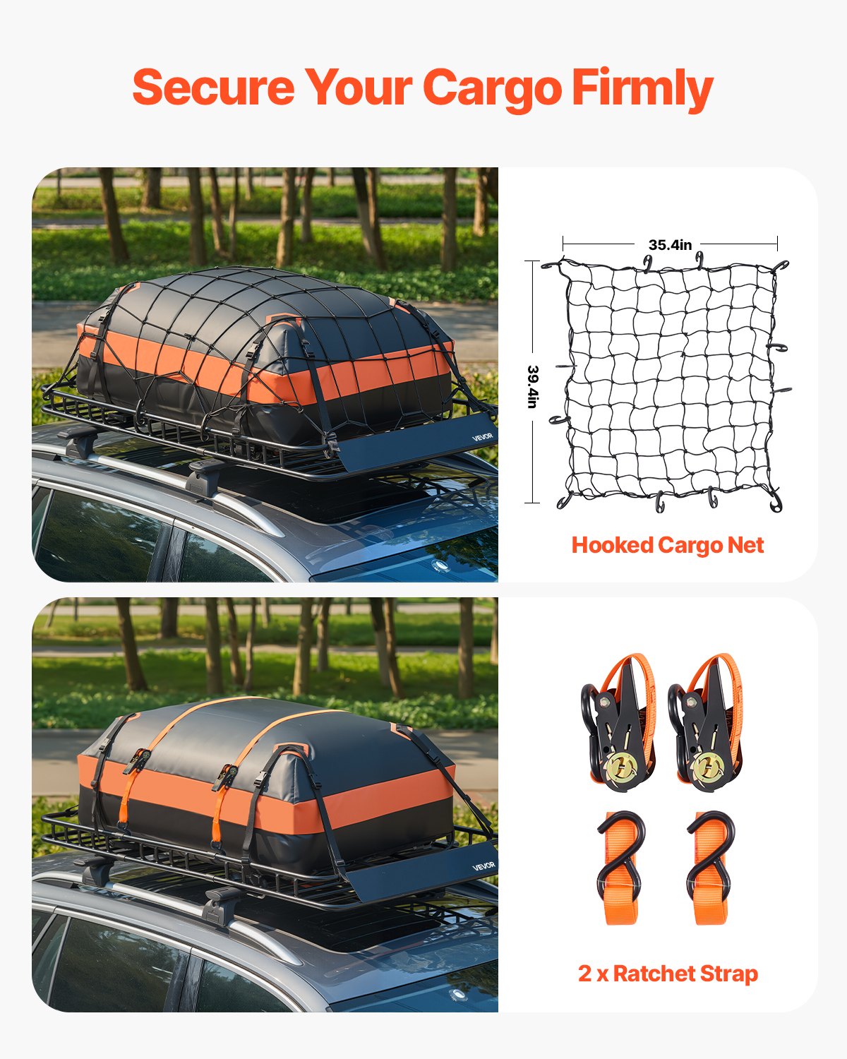 Roof Rack Basket, 1625 x 990 x 105 mm, Universal Rooftop Cargo Carrier with 1120 x 870 x 260 mm Cargo Bag, Net, Ratchet Straps, 113.4 kg Max Load Capacity Car Top Luggage Holder, for SUV Car