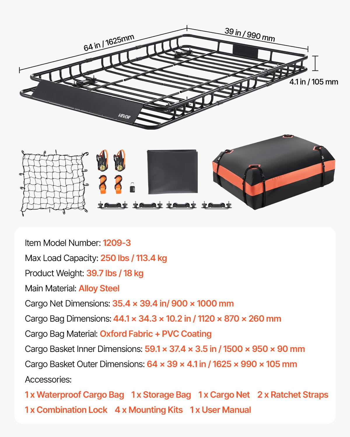 Roof Rack Basket, 1625 x 990 x 105 mm, Universal Rooftop Cargo Carrier with 1120 x 870 x 260 mm Cargo Bag, Net, Ratchet Straps, 113.4 kg Max Load Capacity Car Top Luggage Holder, for SUV Car