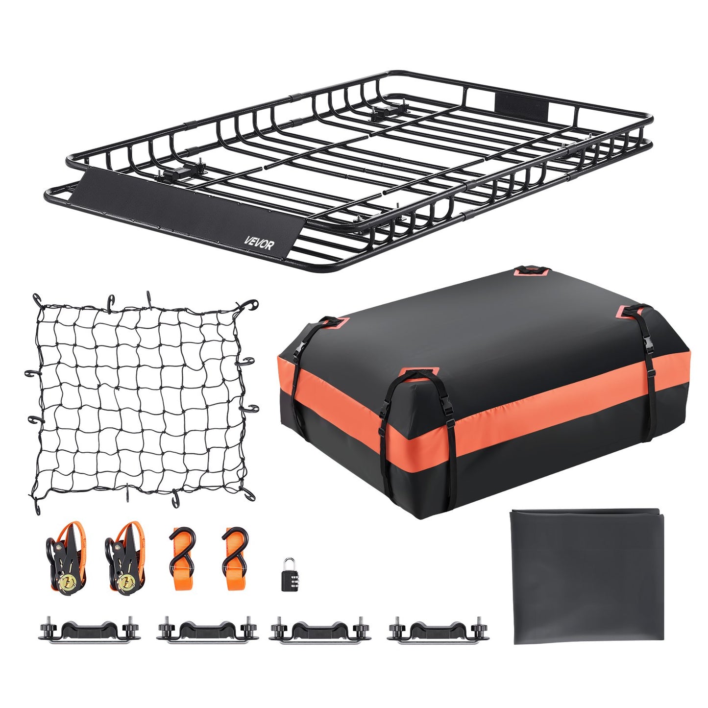 Roof Rack Basket, 1625 x 990 x 105 mm, Universal Rooftop Cargo Carrier with 1120 x 870 x 260 mm Cargo Bag, Net, Ratchet Straps, 113.4 kg Max Load Capacity Car Top Luggage Holder, for SUV Car