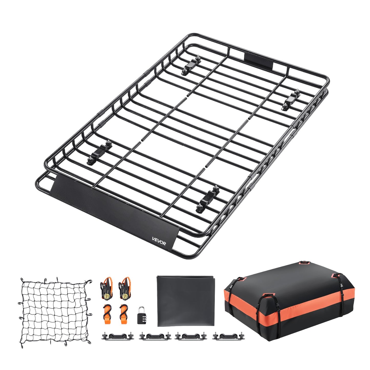Roof Rack Basket, 1625 x 990 x 105 mm, Universal Rooftop Cargo Carrier with 1120 x 870 x 260 mm Cargo Bag, Net, Ratchet Straps, 113.4 kg Max Load Capacity Car Top Luggage Holder, for SUV Car