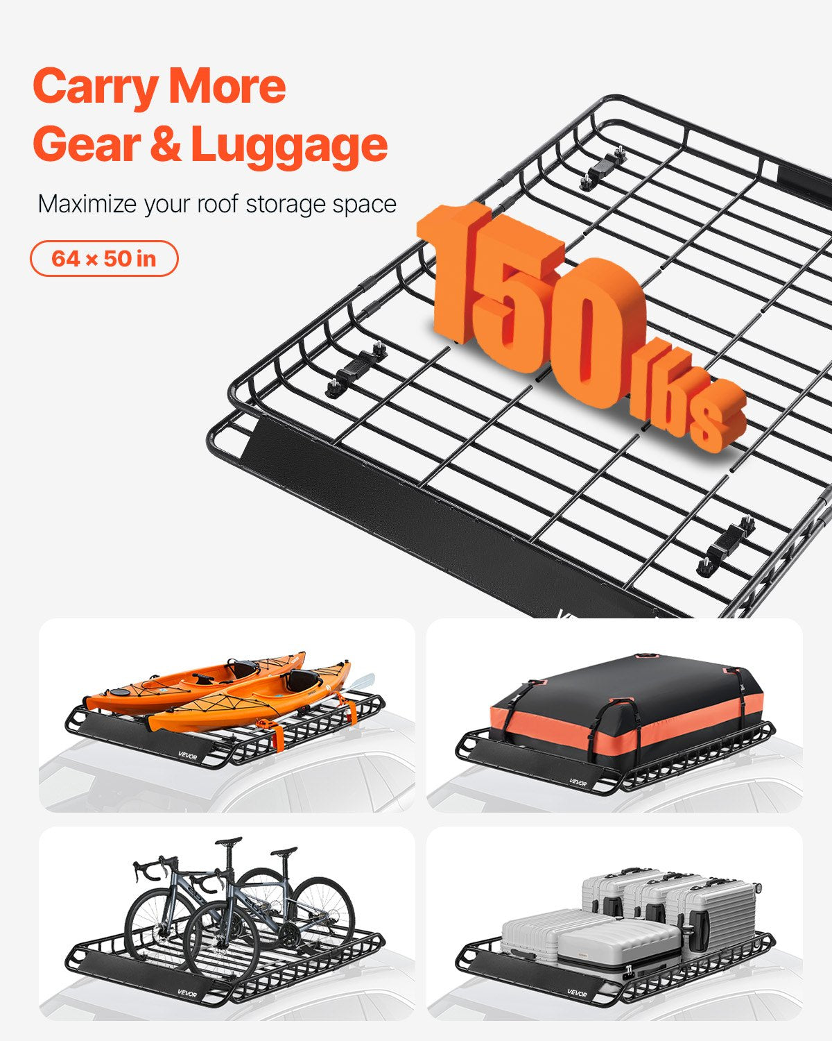 Roof Rack Basket, 1630 x 1270 x 105 mm, Universal Rooftop Cargo Carrier with Two 900 x 1000 mm Cargo Net, 68 kg Max Car Top Luggage Holder, 4.1 in Fence, Anti-Rust Alloy Steel, for SUV Truck Car