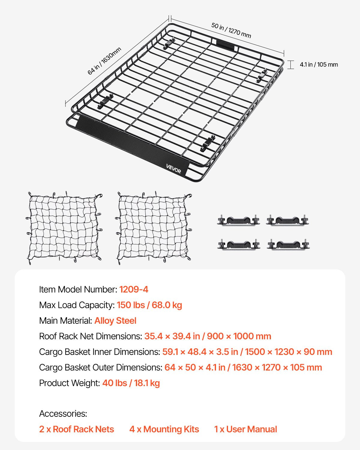 Roof Rack Basket, 1630 x 1270 x 105 mm, Universal Rooftop Cargo Carrier with Two 900 x 1000 mm Cargo Net, 68 kg Max Car Top Luggage Holder, 4.1 in Fence, Anti-Rust Alloy Steel, for SUV Truck Car