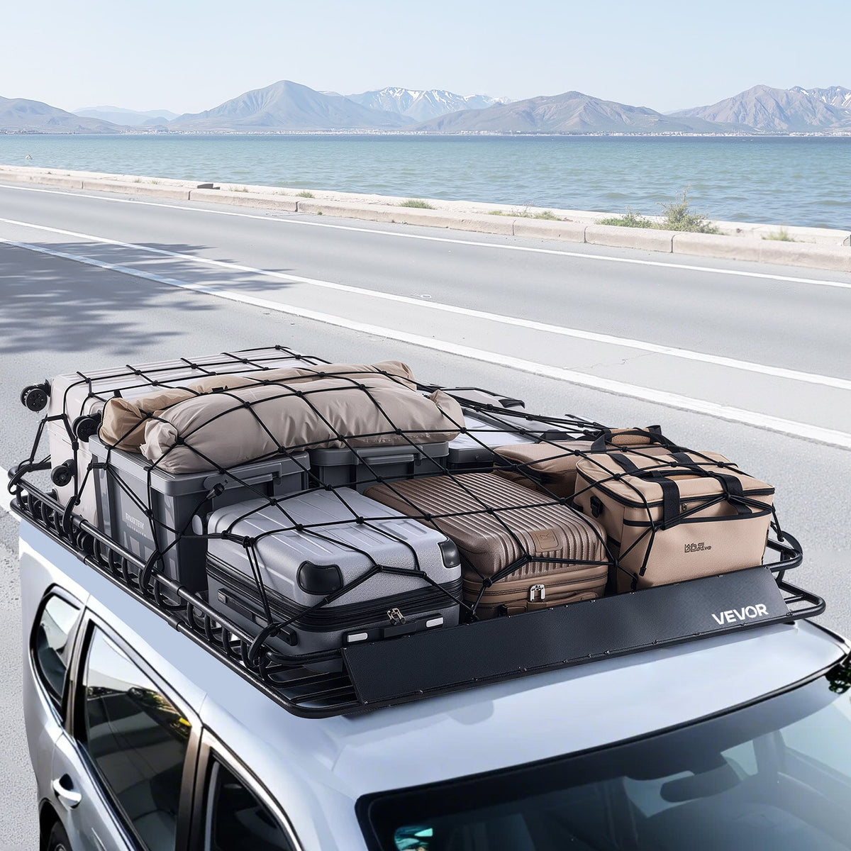 Roof Rack Basket, 1630 x 1270 x 105 mm, Universal Rooftop Cargo Carrier with Two 900 x 1000 mm Cargo Net, 68 kg Max Car Top Luggage Holder, 4.1 in Fence, Anti-Rust Alloy Steel, for SUV Truck Car