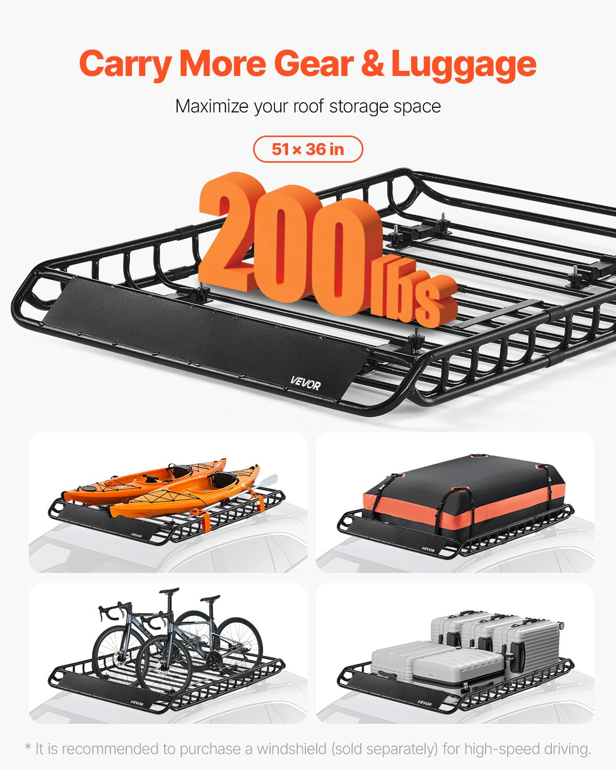 Roof Rack Basket, 1300 x 910 x 105 mm, Universal Rooftop Cargo Carrier with 44.1 x 34.3 x 10.2 in Cargo Bag, Net, Ratchet Straps, 90.7 kg Max Load Capacity Car Top Luggage Holder, for SUV Car