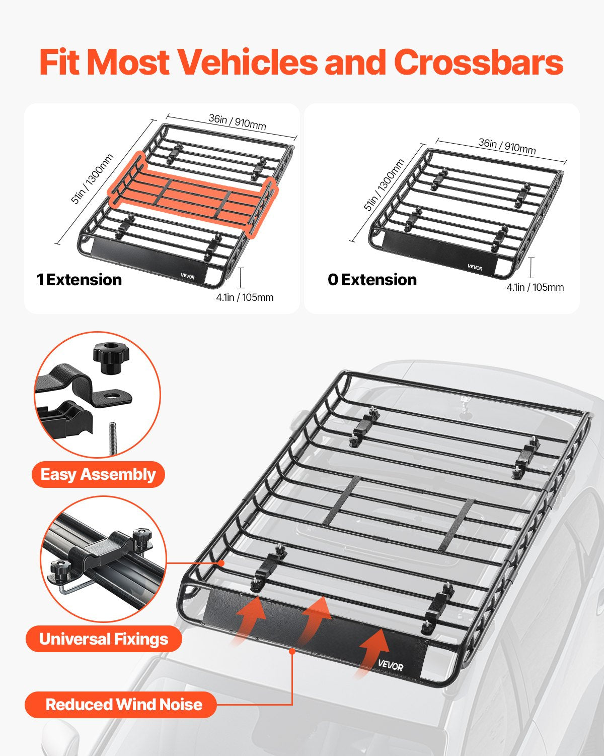 Roof Rack Basket, 1300 x 910 x 105 mm, Universal Rooftop Cargo Carrier with 44.1 x 34.3 x 10.2 in Cargo Bag, Net, Ratchet Straps, 90.7 kg Max Load Capacity Car Top Luggage Holder, for SUV Car