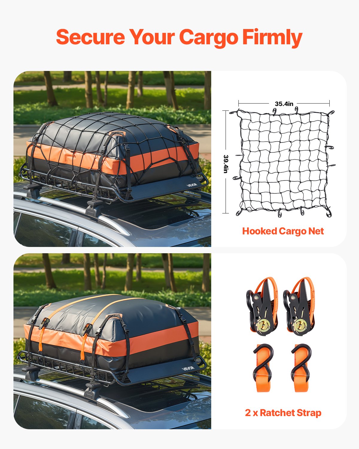 Roof Rack Basket, 1300 x 910 x 105 mm, Universal Rooftop Cargo Carrier with 44.1 x 34.3 x 10.2 in Cargo Bag, Net, Ratchet Straps, 90.7 kg Max Load Capacity Car Top Luggage Holder, for SUV Car