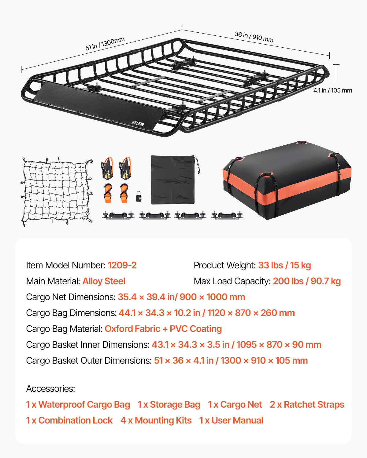 Roof Rack Basket, 1300 x 910 x 105 mm, Universal Rooftop Cargo Carrier with 44.1 x 34.3 x 10.2 in Cargo Bag, Net, Ratchet Straps, 90.7 kg Max Load Capacity Car Top Luggage Holder, for SUV Car
